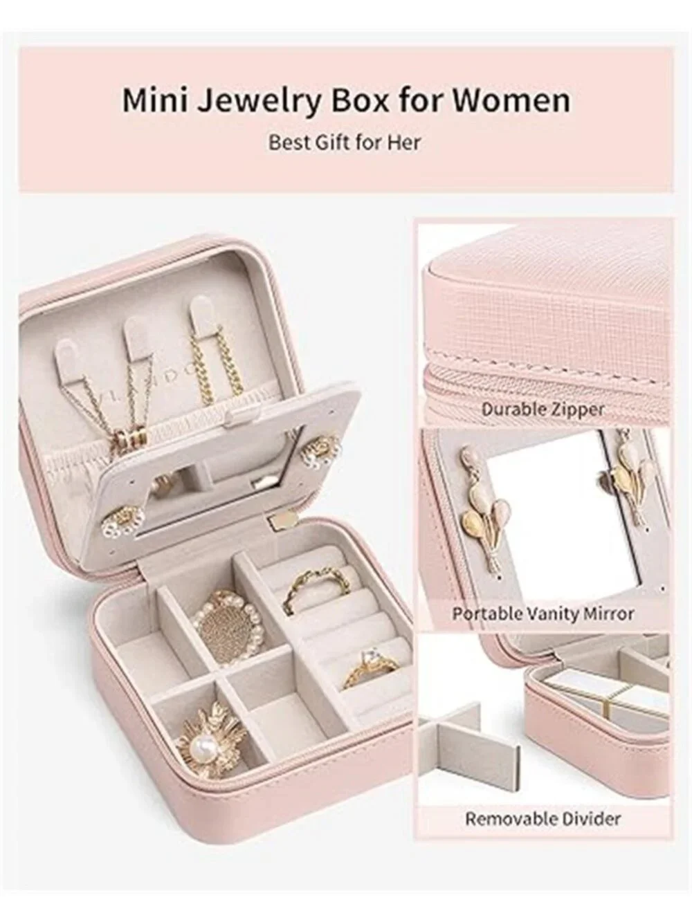 Pink Travel Jewelry Box Organizer Mirror Small Case Rings Earrings Necklace
